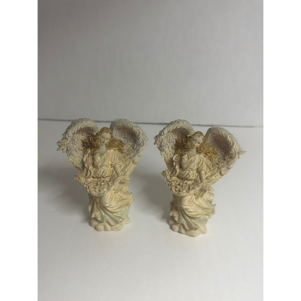 Vintage Iridescent Angel Figurines Set of 2 Glitter Resin Celestial Statues